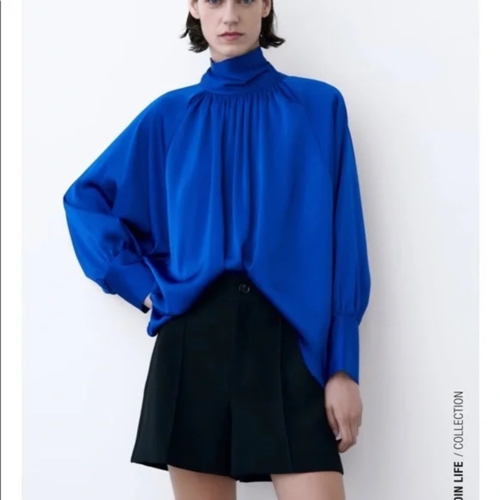 Zara Cobalt Blue Satin Oversize Women's Blouse Size XS